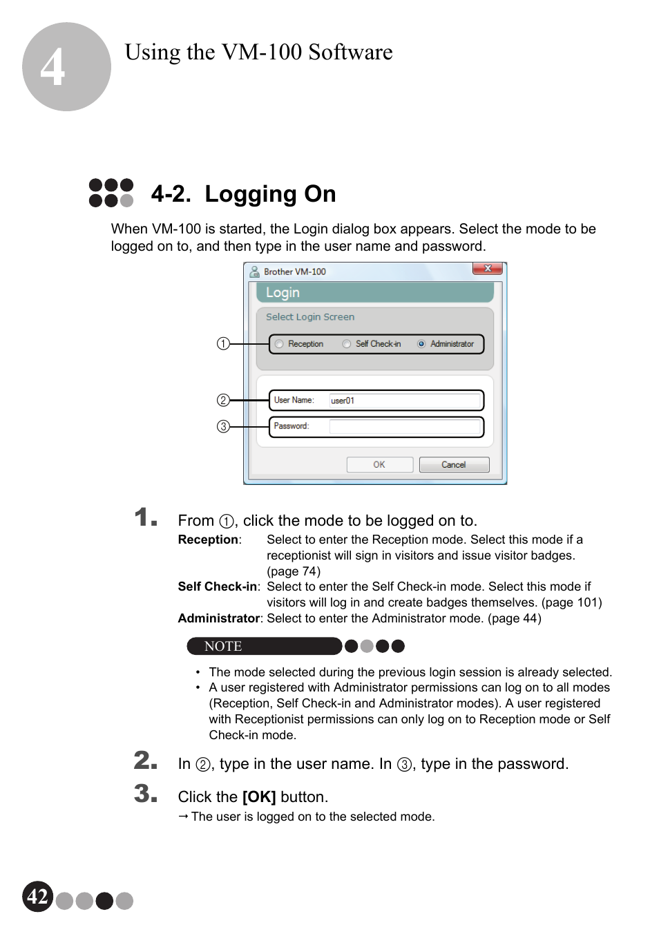 2. logging on, Using the vm-100 software | Brother QL-570VM User Manual | Page 42 / 118