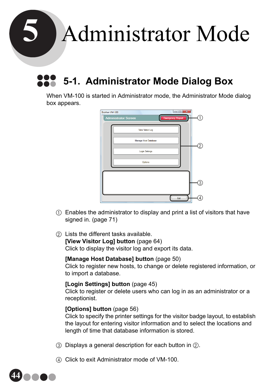 Administrator mode, 1. administrator mode dialog box | Brother QL-570VM User Manual | Page 44 / 118