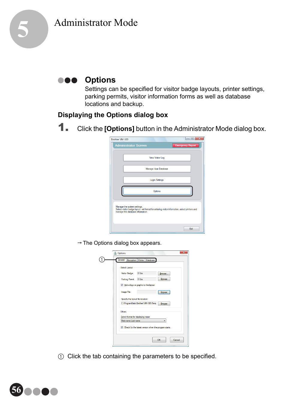 Options, Administrator mode | Brother QL-570VM User Manual | Page 56 / 118