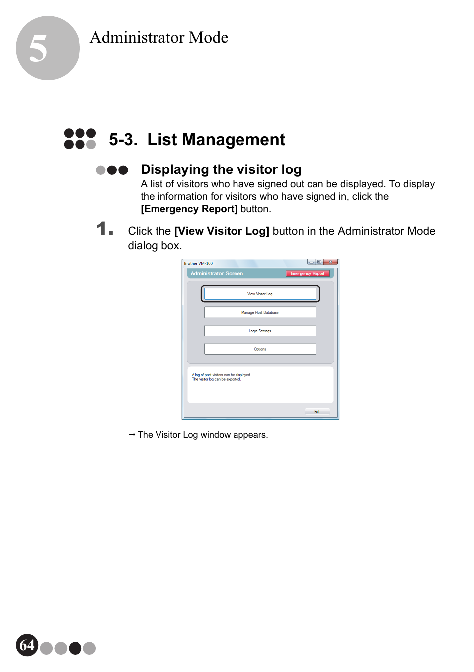 3. list management, Displaying the visitor log | Brother QL-570VM User Manual | Page 64 / 118
