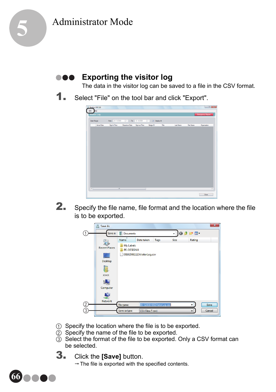 Exporting the visitor log, Administrator mode | Brother QL-570VM User Manual | Page 66 / 118