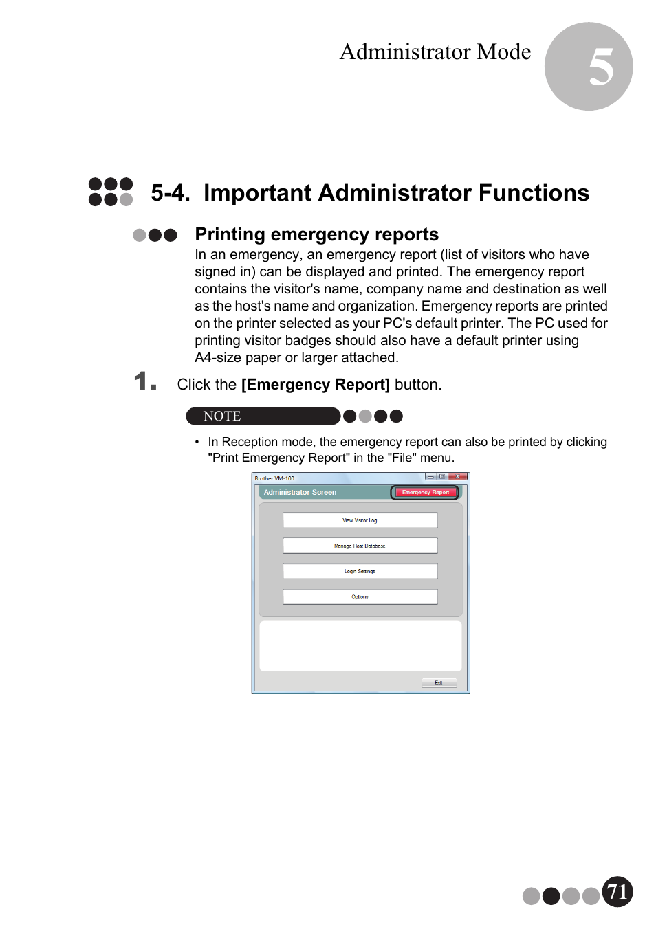 4. important administrator functions, Printing emergency reports, Administrator mode | Brother QL-570VM User Manual | Page 71 / 118