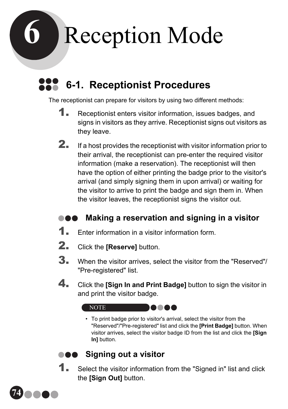 Reception mode, 1. receptionist procedures, Making a reservation and signing in a visitor | Signing out a visitor | Brother QL-570VM User Manual | Page 74 / 118