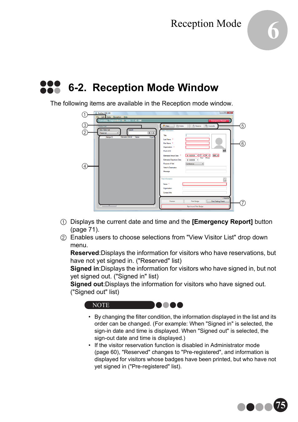 2. reception mode window, Reception mode | Brother QL-570VM User Manual | Page 75 / 118