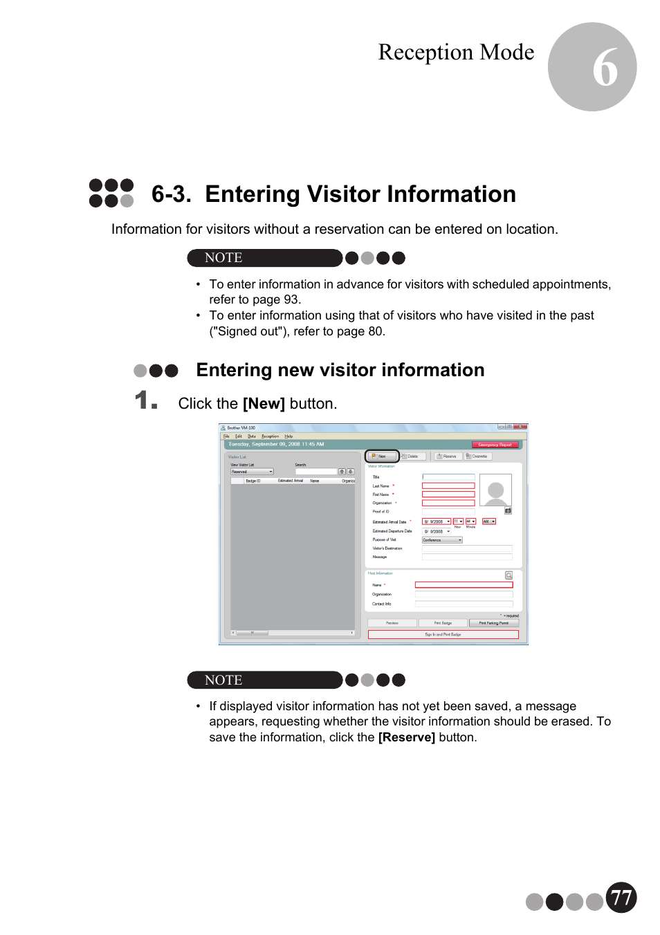 3. entering visitor information, Entering new visitor information, Reception mode | Brother QL-570VM User Manual | Page 77 / 118