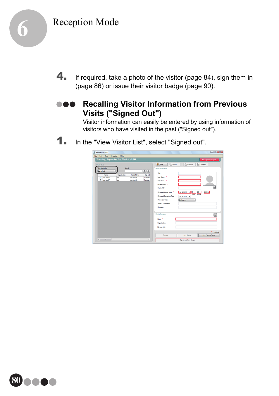 Recalling visitor information from previous visits, Signed out") | Brother QL-570VM User Manual | Page 80 / 118