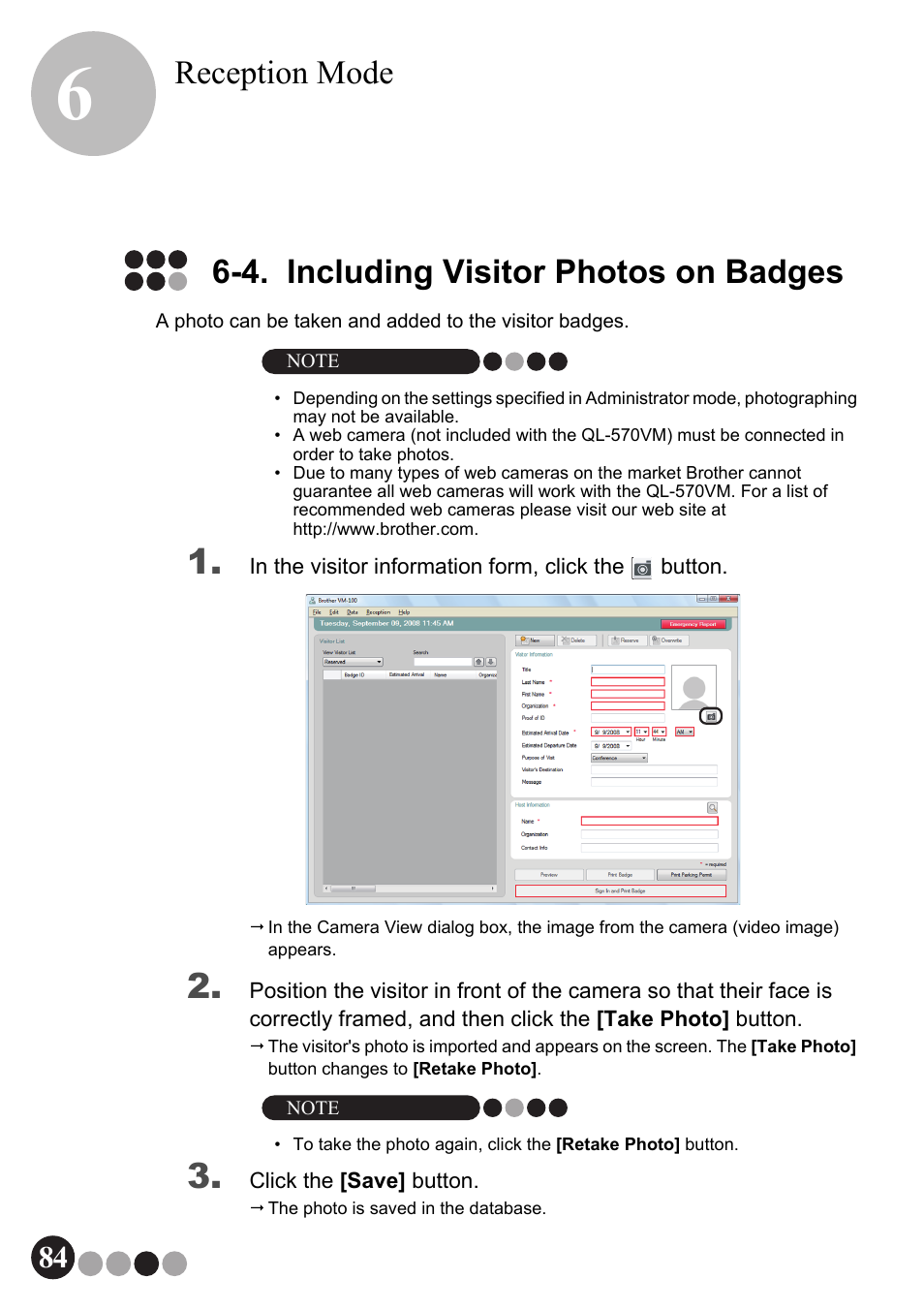 4. including visitor photos on badges, Reception mode | Brother QL-570VM User Manual | Page 84 / 118