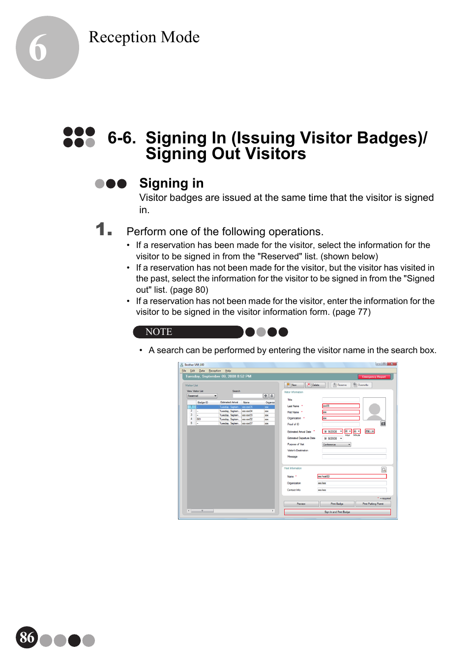 6. signing in (issuing visitor badges), Signing out visitors, Signing in | Reception mode | Brother QL-570VM User Manual | Page 86 / 118