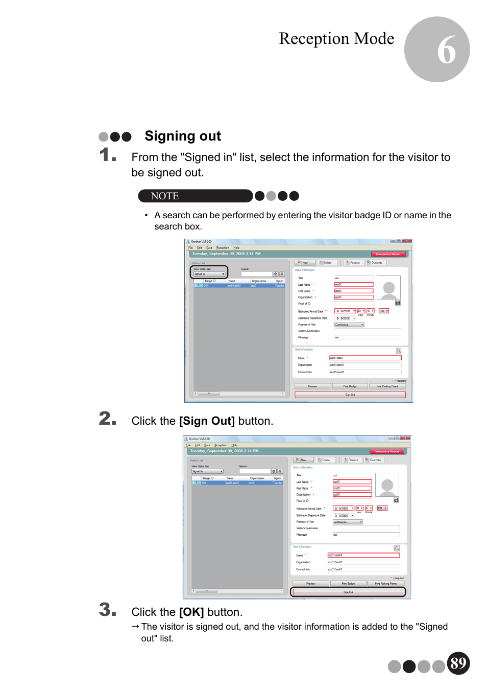 Signing out, Reception mode | Brother QL-570VM User Manual | Page 89 / 118