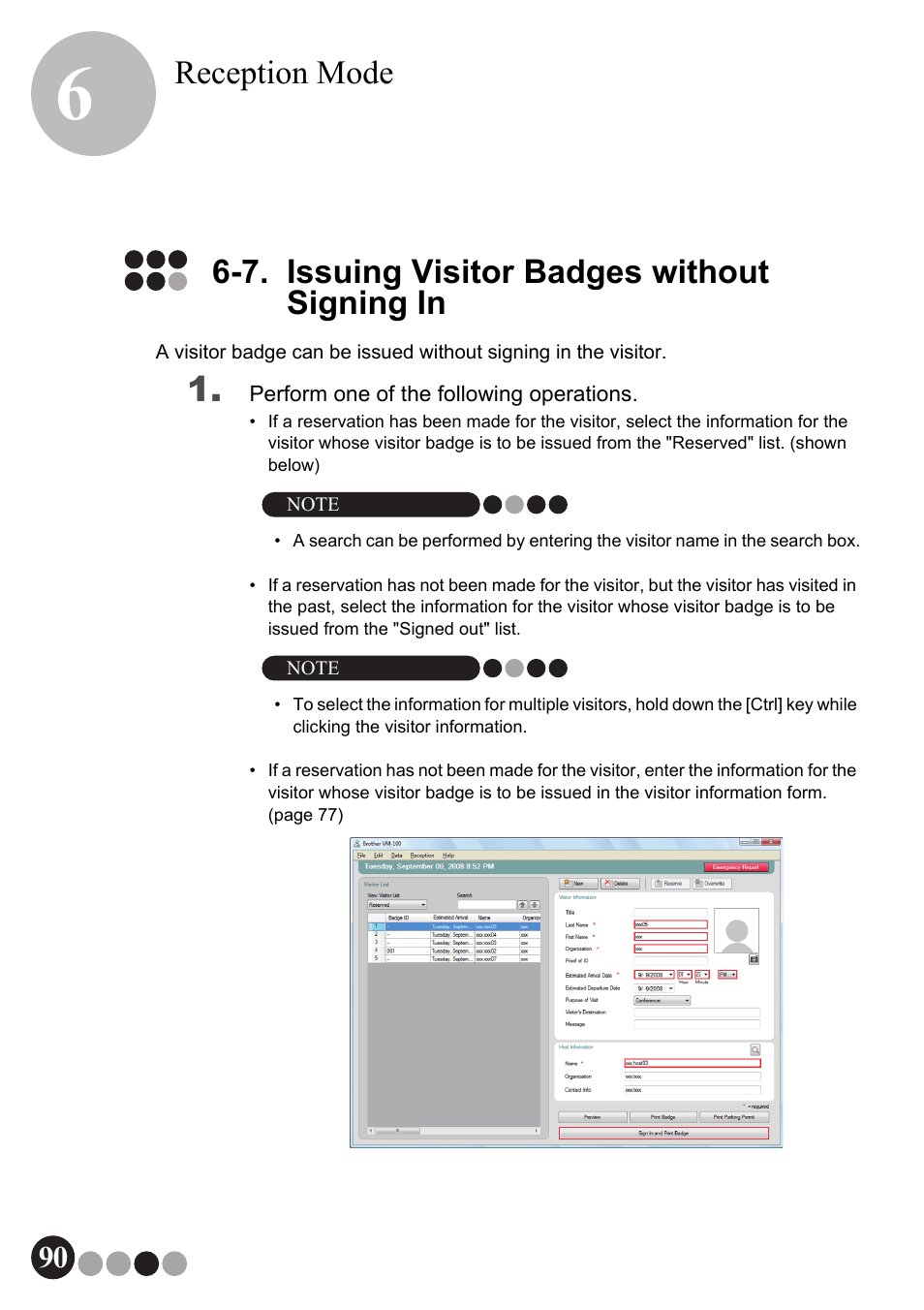 7. issuing visitor badges without signing in, Reception mode | Brother QL-570VM User Manual | Page 90 / 118