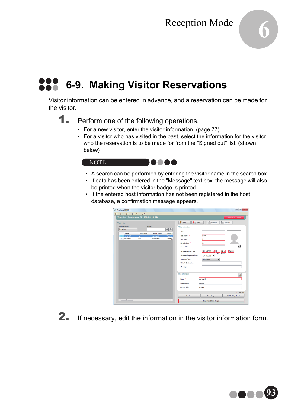 9. making visitor reservations, Reception mode | Brother QL-570VM User Manual | Page 93 / 118