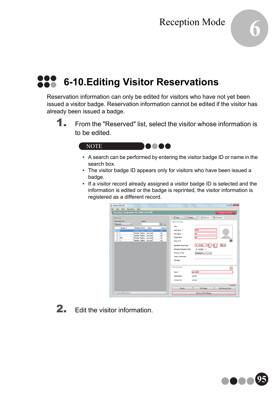 10. editing visitor reservations, Reception mode, 10.editing visitor reservations | Brother QL-570VM User Manual | Page 95 / 118