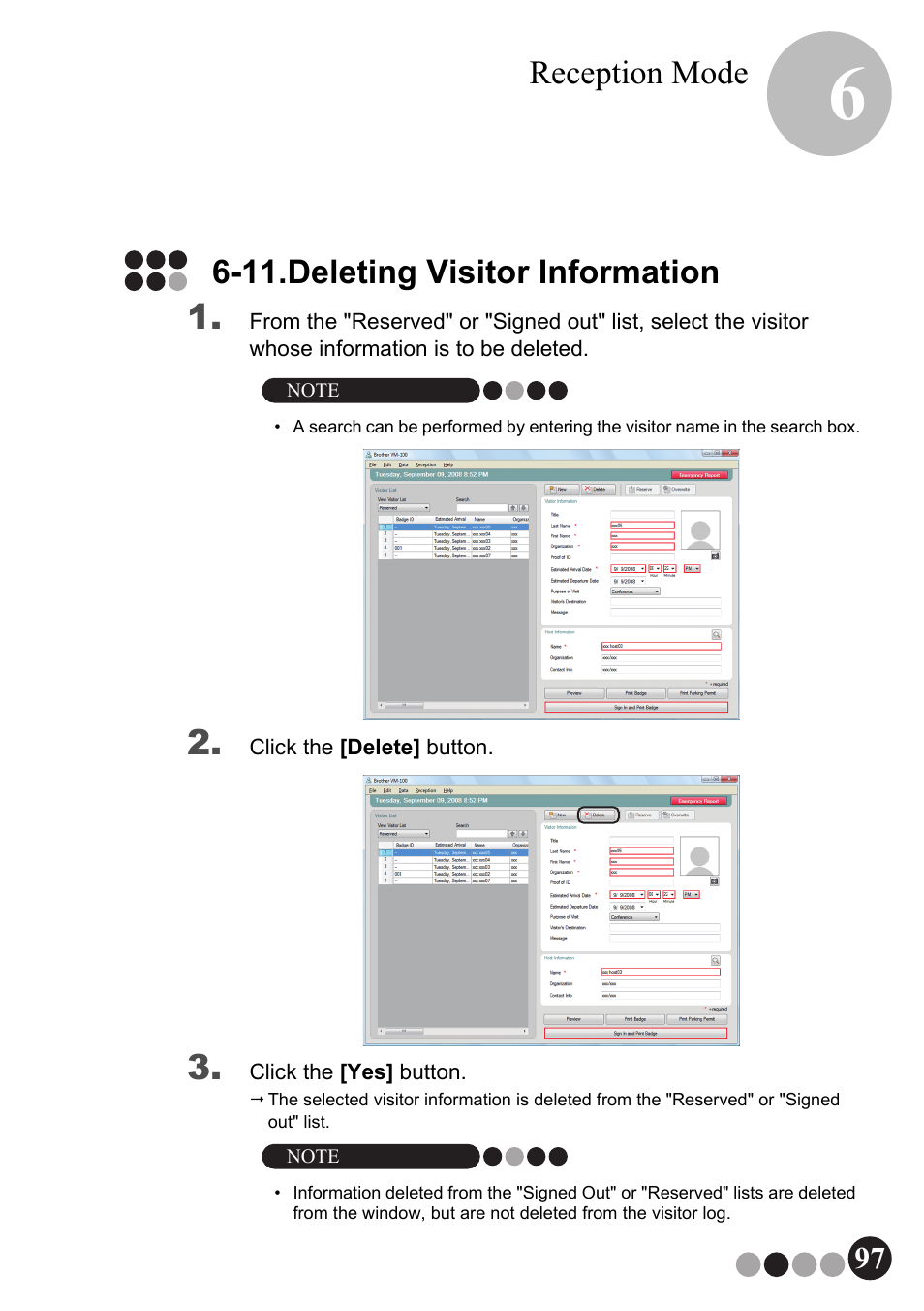 11. deleting visitor information, Reception mode, 11.deleting visitor information | Brother QL-570VM User Manual | Page 97 / 118