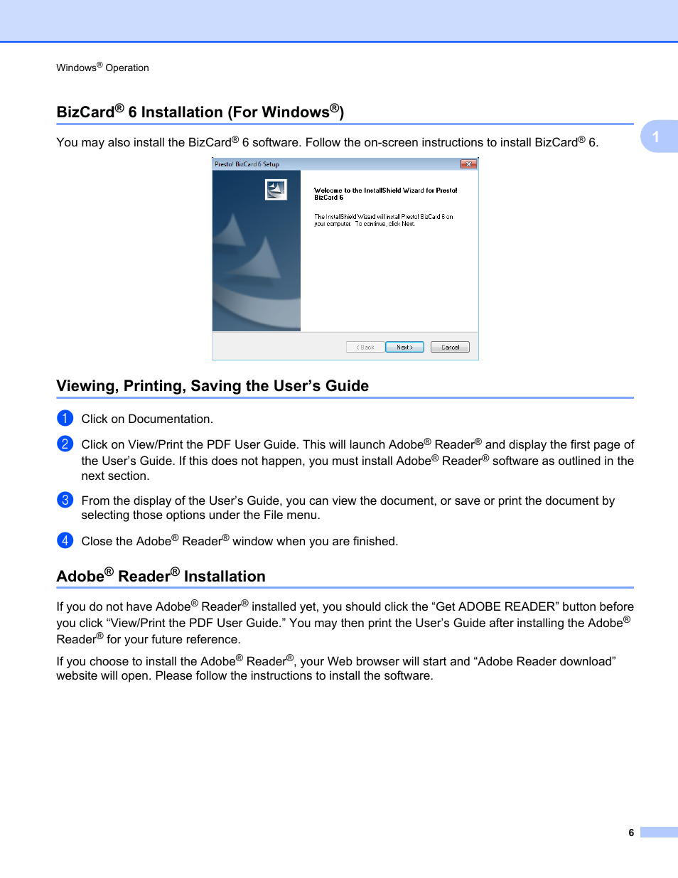 Bizcard® 6 installation (for windows®), Viewing, printing, saving the user’s guide, Adobe® reader® installation | Bizcard, 6 installation (for windows, Viewing, printing, saving the user’s guide adobe, Reader, Installation, 1bizcard, Adobe | Brother DS-610 User Manual | Page 24 / 60