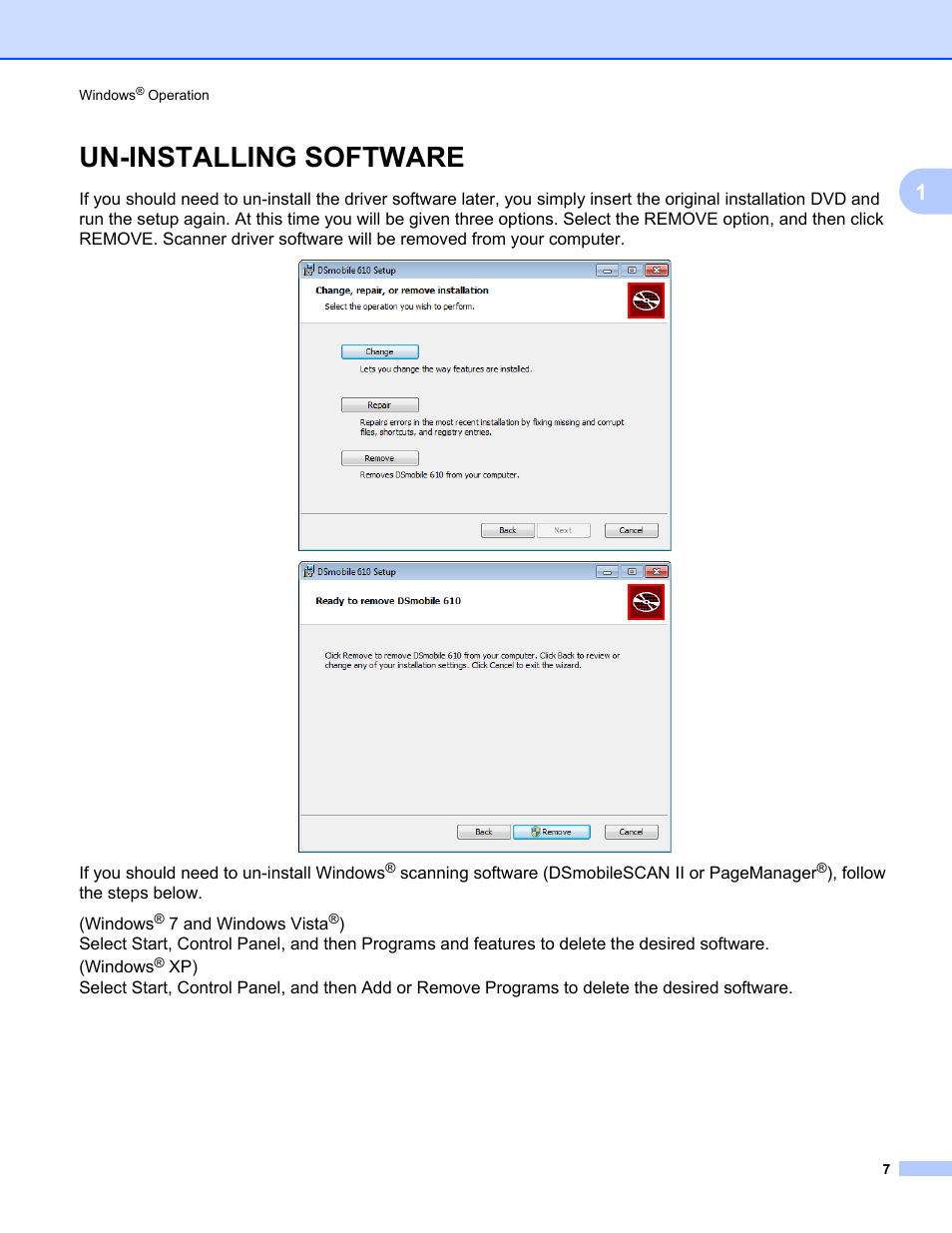 Un-installing software | Brother DS-610 User Manual | Page 25 / 60