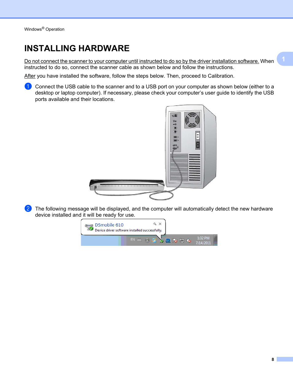 Installing hardware | Brother DS-610 User Manual | Page 26 / 60