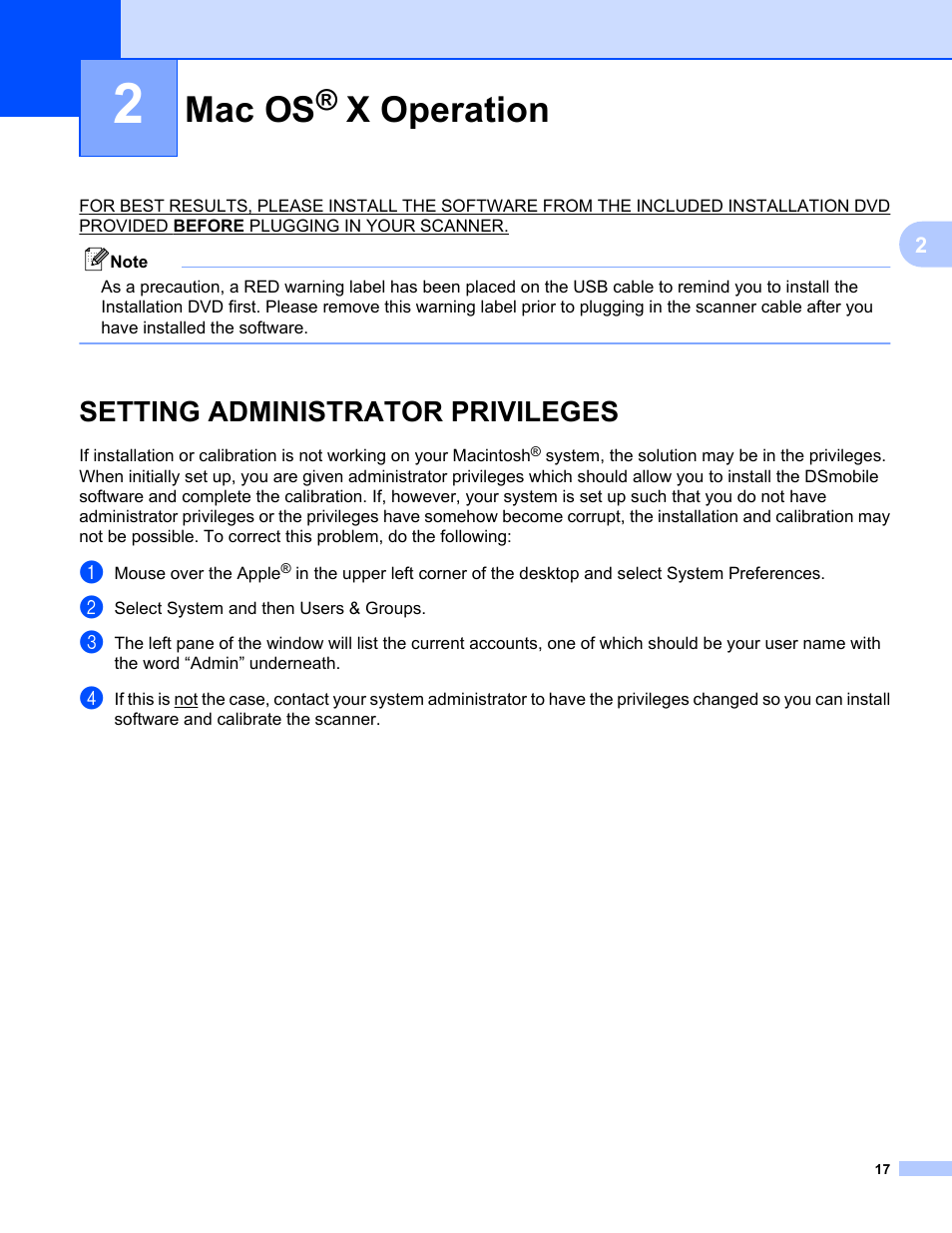 2 mac os® x operation, Setting administrator privileges, Mac os | X operation | Brother DS-610 User Manual | Page 35 / 60