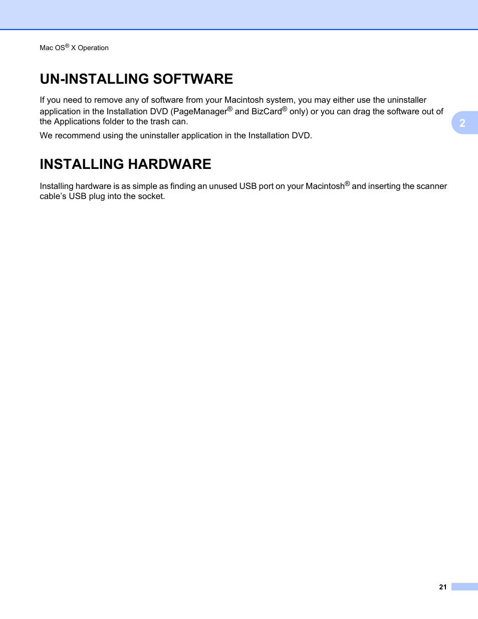 Un-installing software, Installing hardware, Un-installing software installing hardware | Brother DS-610 User Manual | Page 39 / 60