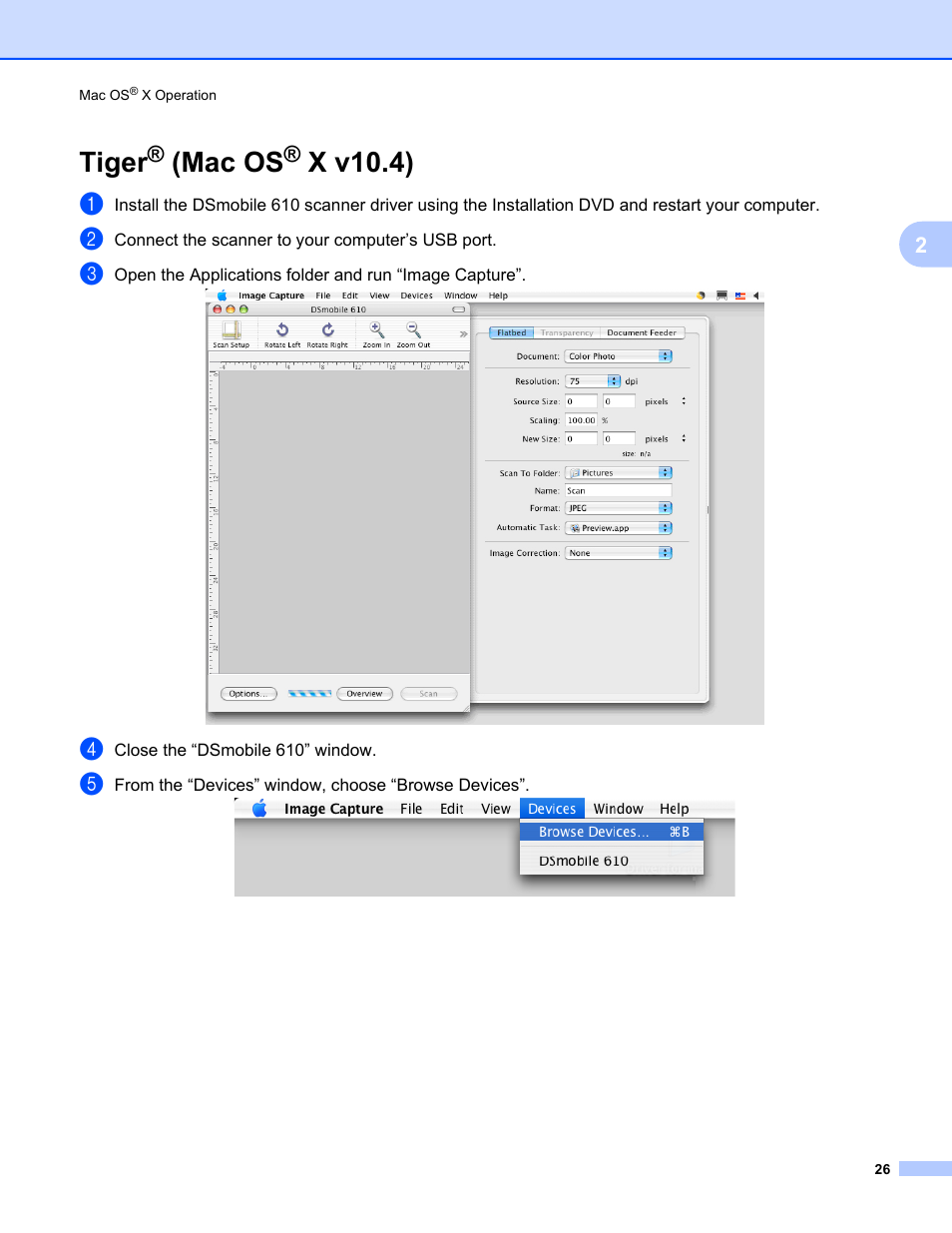 Tiger® (mac os® x v10.4), Tiger, Mac os | X v10.4) | Brother DS-610 User Manual | Page 44 / 60