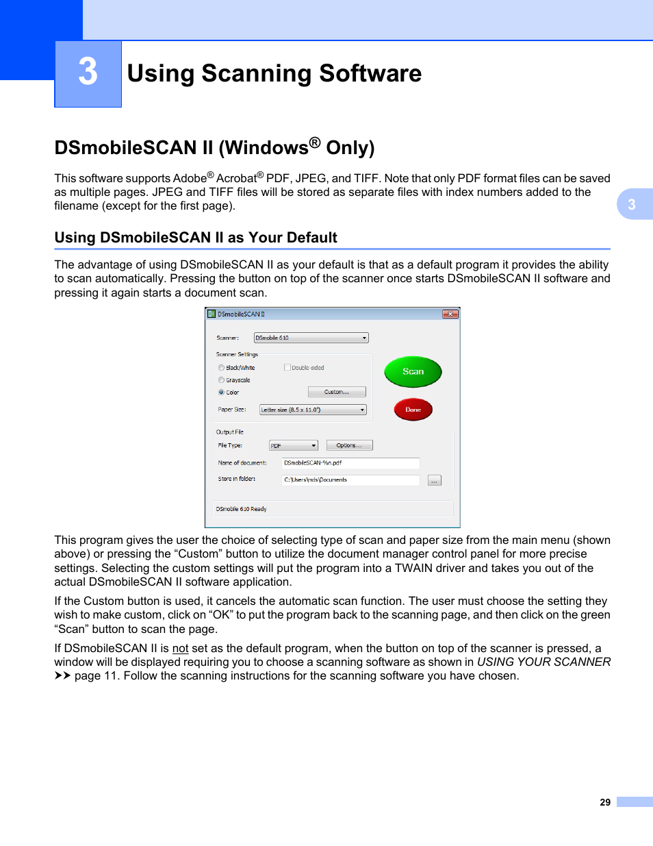 3 using scanning software, Dsmobilescan ii (windows® only), Using dsmobilescan ii as your default | Using scanning software, Dsmobilescan ii (windows, Only) | Brother DS-610 User Manual | Page 47 / 60