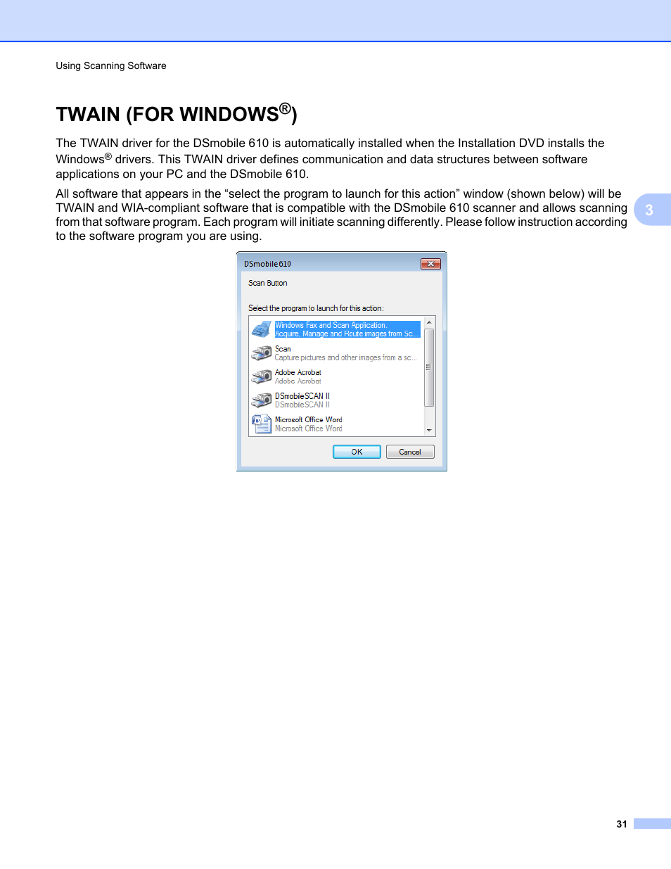 Twain (for windows®), Twain (for windows | Brother DS-610 User Manual | Page 49 / 60