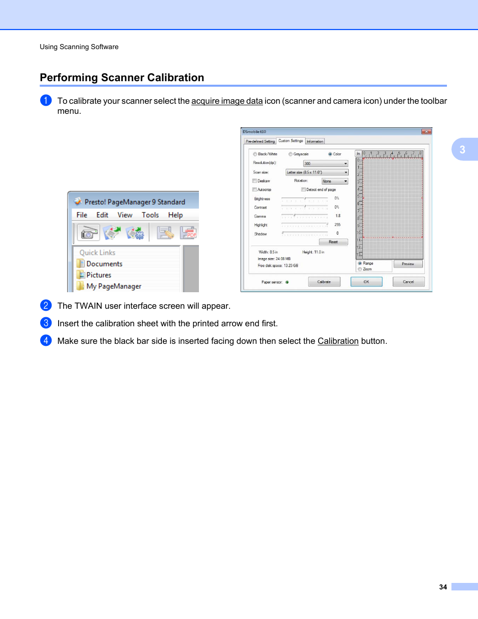 Performing scanner calibration, 3performing scanner calibration | Brother DS-610 User Manual | Page 52 / 60