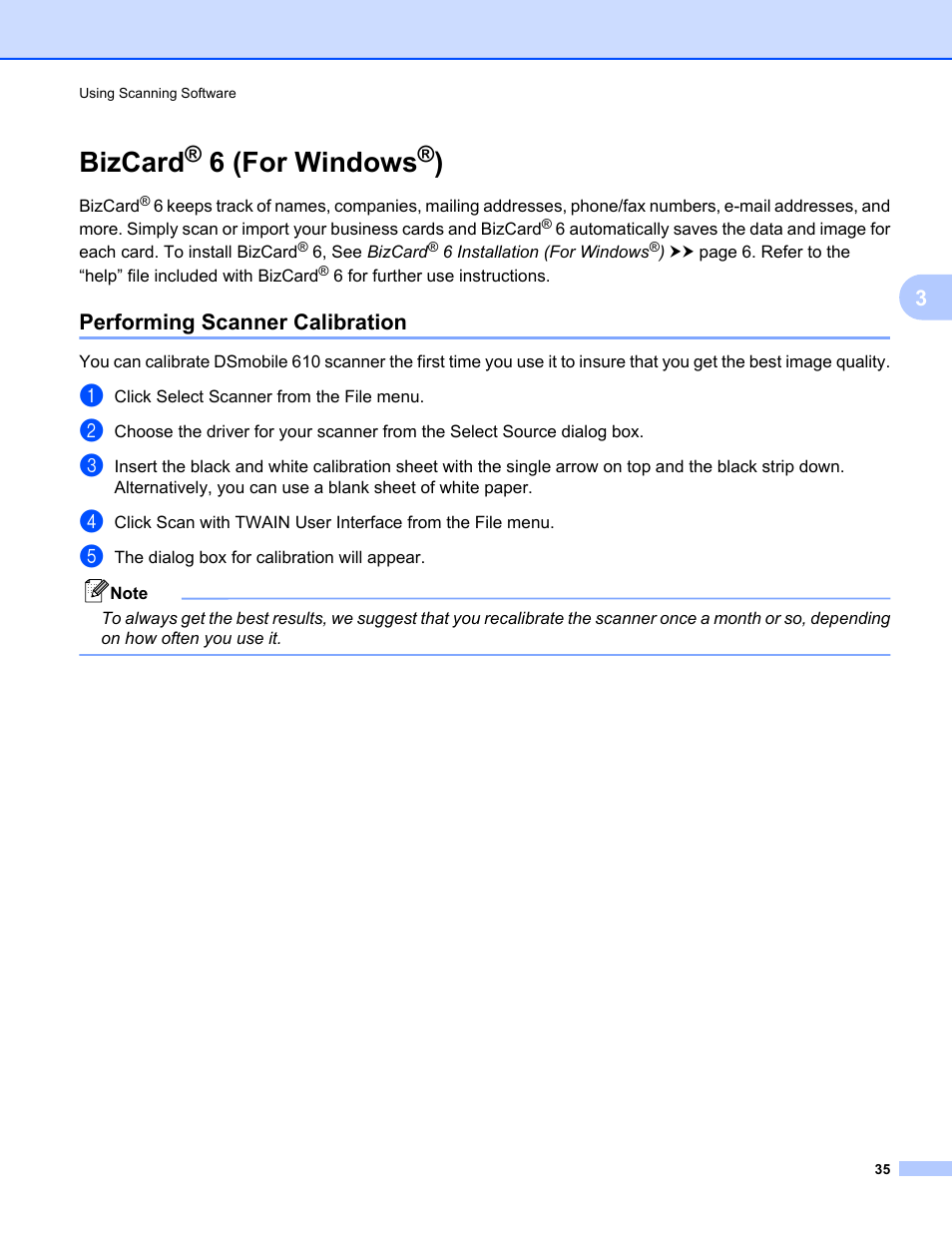 Bizcard® 6 (for windows®), Performing scanner calibration, Bizcard | 6 (for windows | Brother DS-610 User Manual | Page 53 / 60