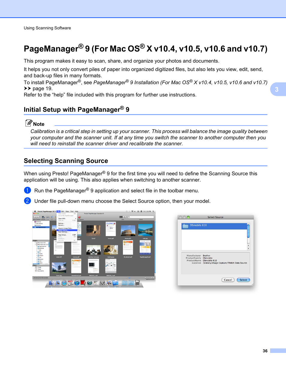 Selecting scanning source, 9 (for mac os, X v10.4, v10.5, v10.6 and v10.7) | Pagemanager, Initial setup with pagemanager | Brother DS-610 User Manual | Page 54 / 60