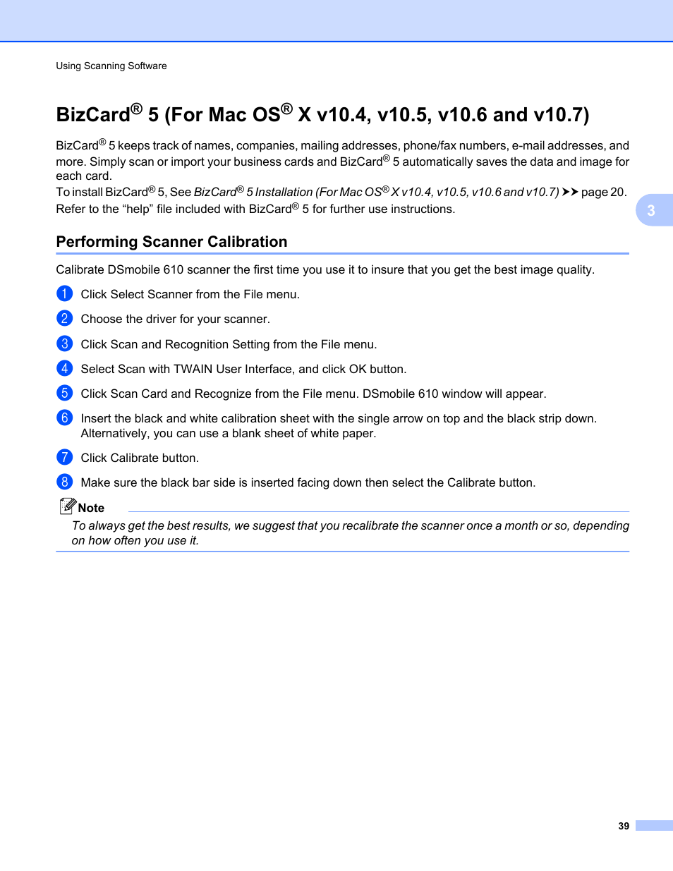 Performing scanner calibration, Bizcard, 5 (for mac os | X v10.4, v10.5, v10.6 and v10.7) | Brother DS-610 User Manual | Page 57 / 60