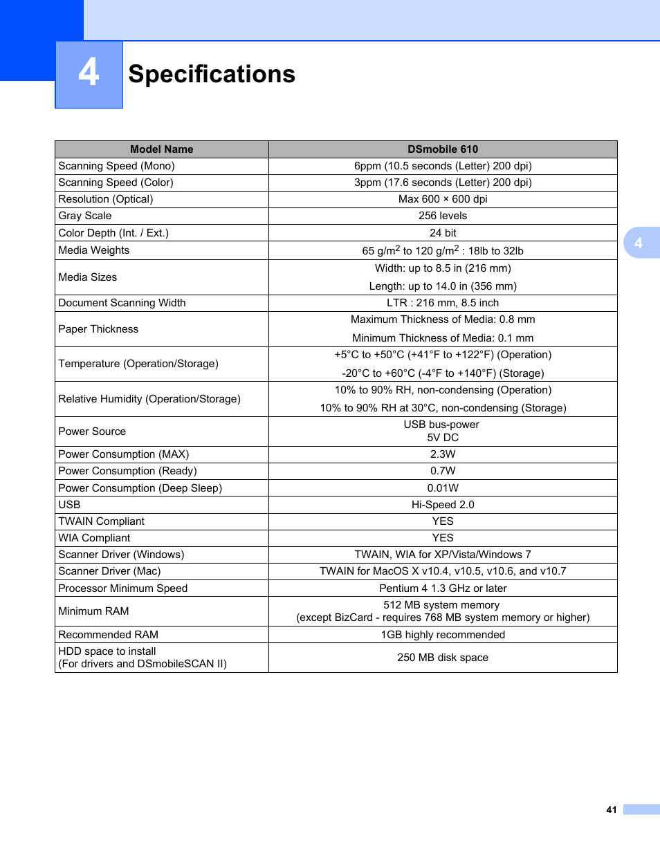 4 specifications, Specifications | Brother DS-610 User Manual | Page 59 / 60