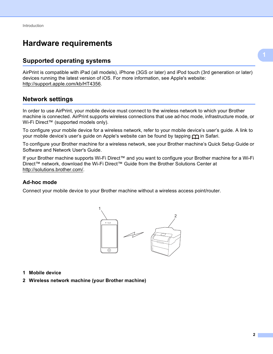 Hardware requirements, Supported operating systems, Network settings | Ad-hoc mode, Supported operating systems network settings | Brother HL-L8250CDN User Manual | Page 5 / 13