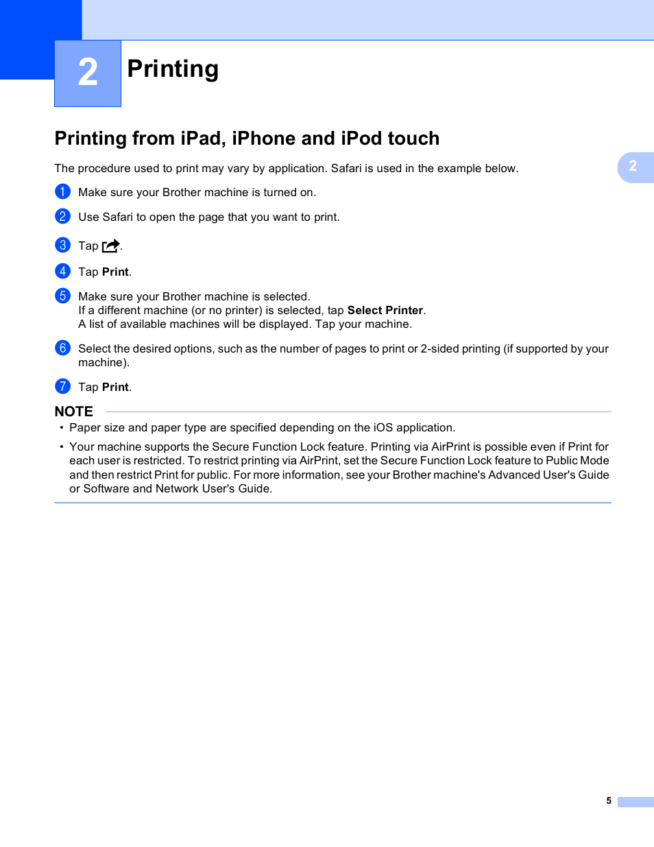 2 printing, Printing from ipad, iphone and ipod touch, Printing | Brother HL-L8250CDN User Manual | Page 8 / 13