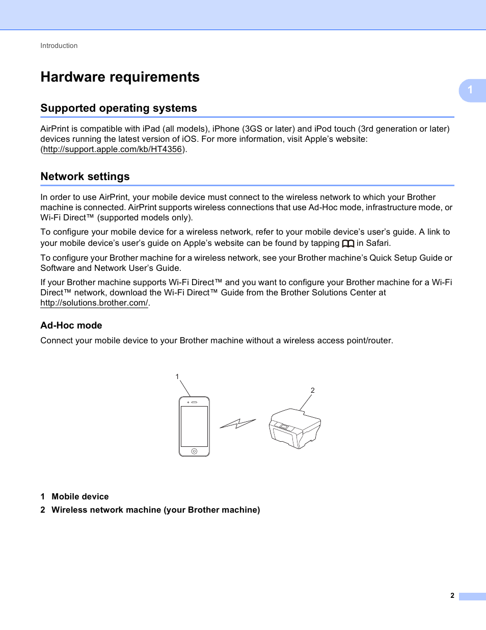 Hardware requirements, Supported operating systems, Network settings | Ad-hoc mode, Supported operating systems network settings | Brother MFC-J475DW User Manual | Page 5 / 12