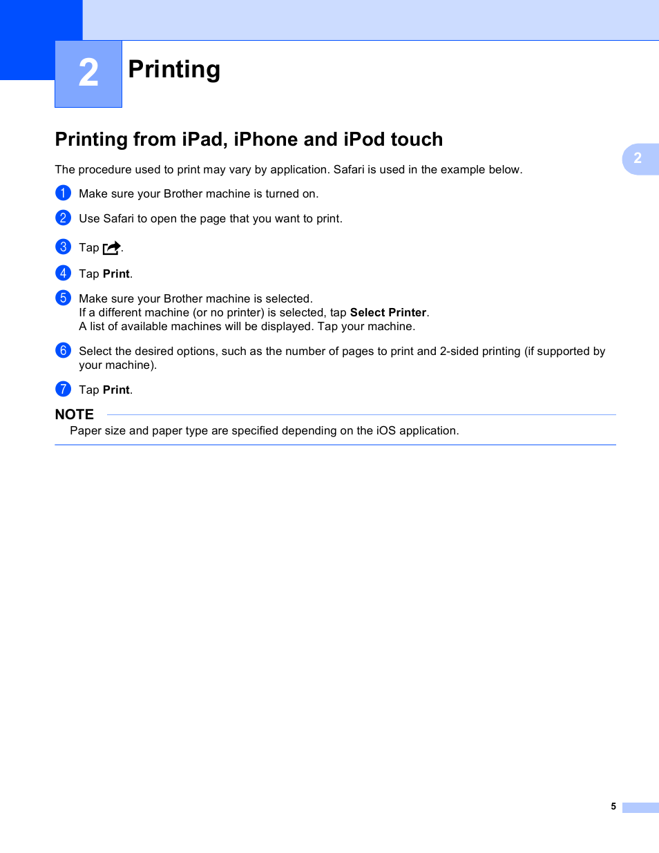 2 printing, Printing from ipad, iphone and ipod touch, Printing | Brother MFC-J475DW User Manual | Page 8 / 12
