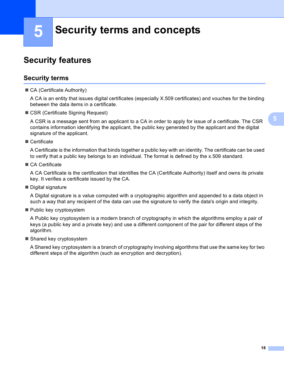 5 security terms and concepts, Security features, Security terms | Security terms and concepts | Brother HL 4570CDWT User Manual | Page 105 / 114