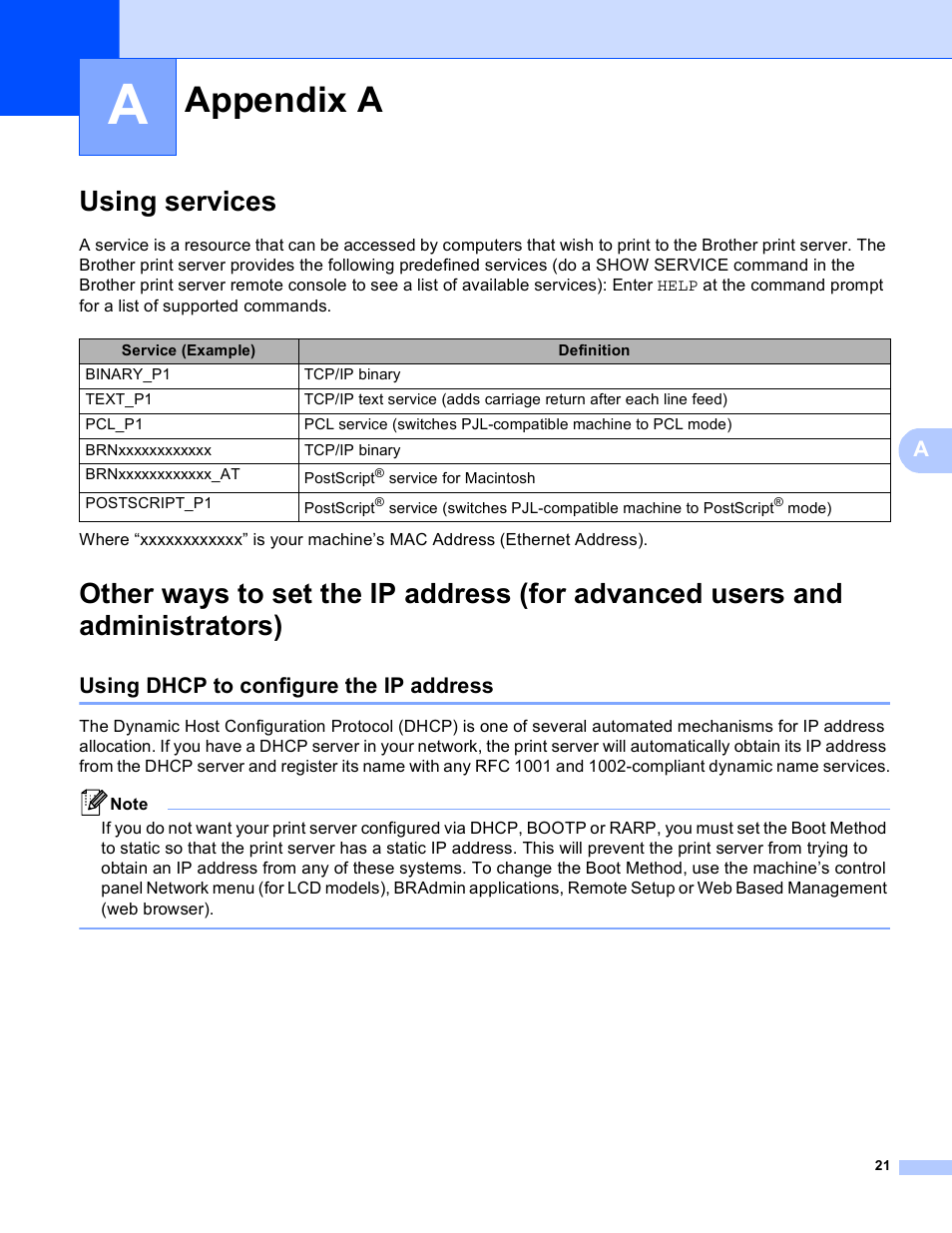 Appendix a, Using services, Using dhcp to configure the ip address | Brother HL 4570CDWT User Manual | Page 108 / 114