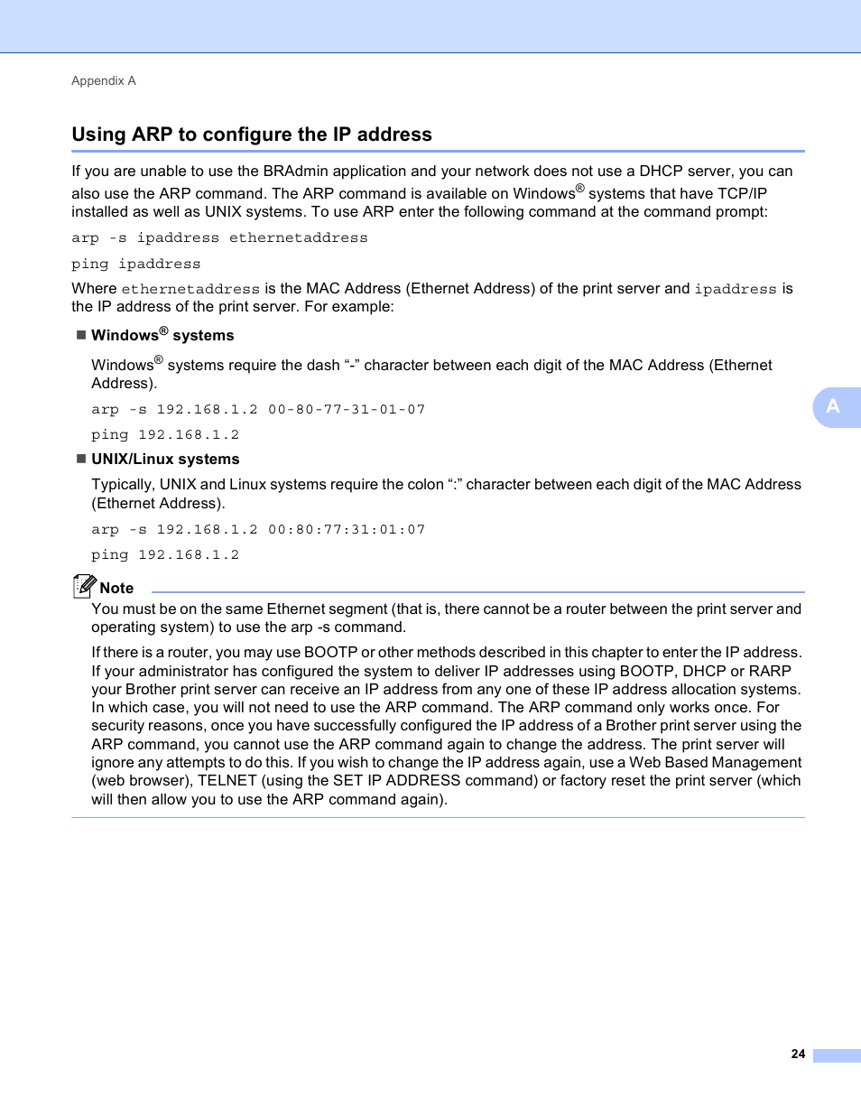 Using arp to configure the ip address, Ausing arp to configure the ip address | Brother HL 4570CDWT User Manual | Page 111 / 114