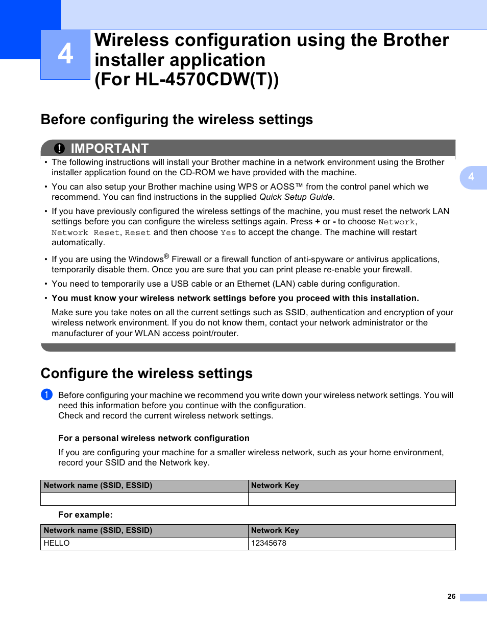 Before configuring the wireless settings, Configure the wireless settings, Important | Brother HL 4570CDWT User Manual | Page 31 / 114