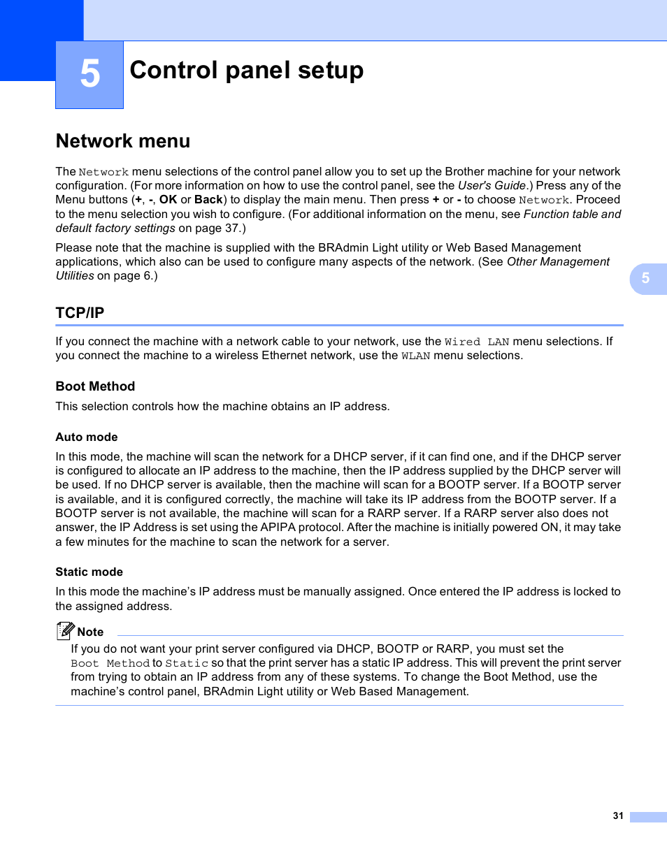 5 control panel setup, Network menu, Tcp/ip | Boot method, Control panel setup | Brother HL 4570CDWT User Manual | Page 36 / 114