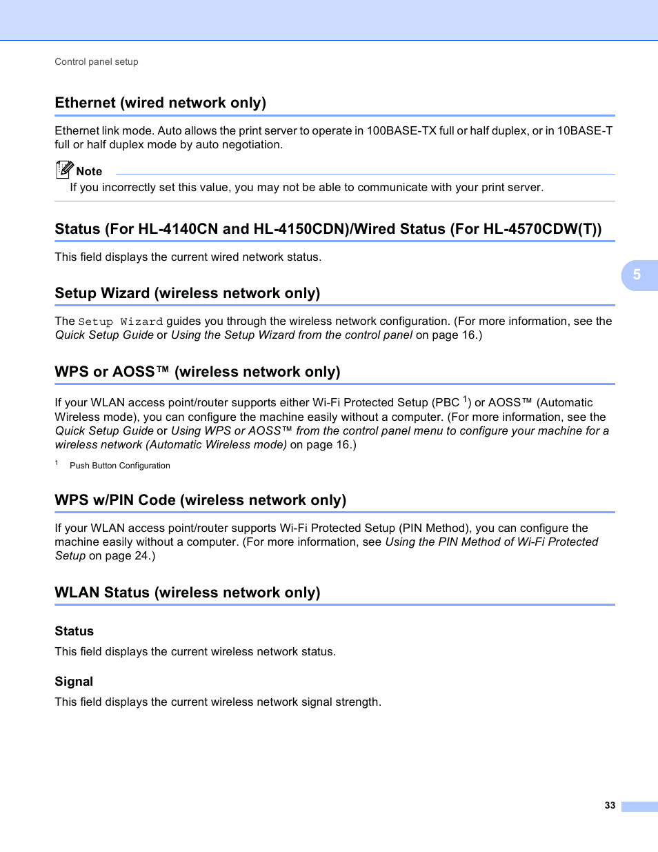 Ethernet (wired network only), Setup wizard (wireless network only), Wps or aoss™ (wireless network only) | Wps w/pin code (wireless network only), Wlan status (wireless network only), Status, Signal, 5ethernet (wired network only) | Brother HL 4570CDWT User Manual | Page 38 / 114