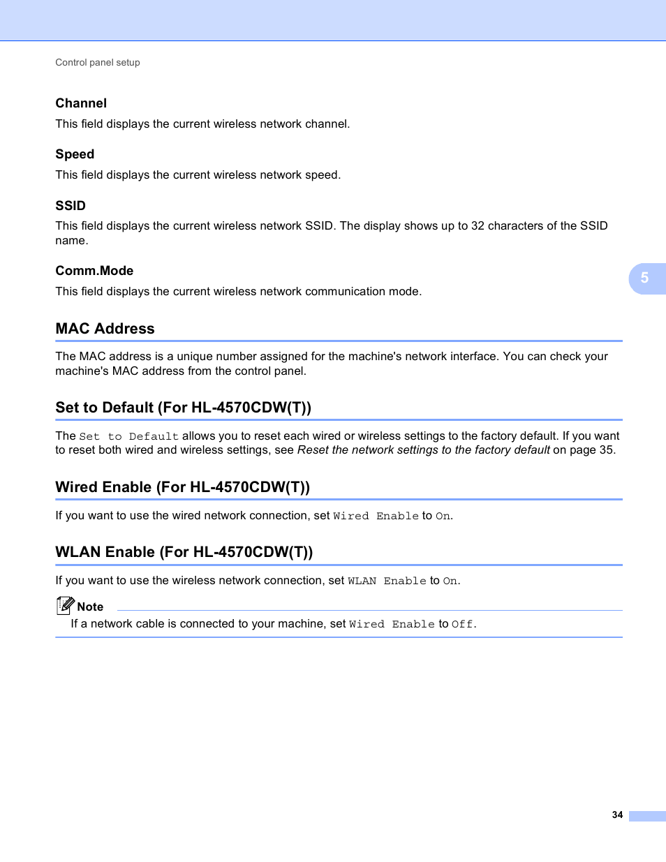 Channel, Speed, Ssid | Comm.mode, Mac address, Set to default (for hl-4570cdw(t)), Wired enable (for hl-4570cdw(t)), Wlan enable (for hl-4570cdw(t)) | Brother HL 4570CDWT User Manual | Page 39 / 114