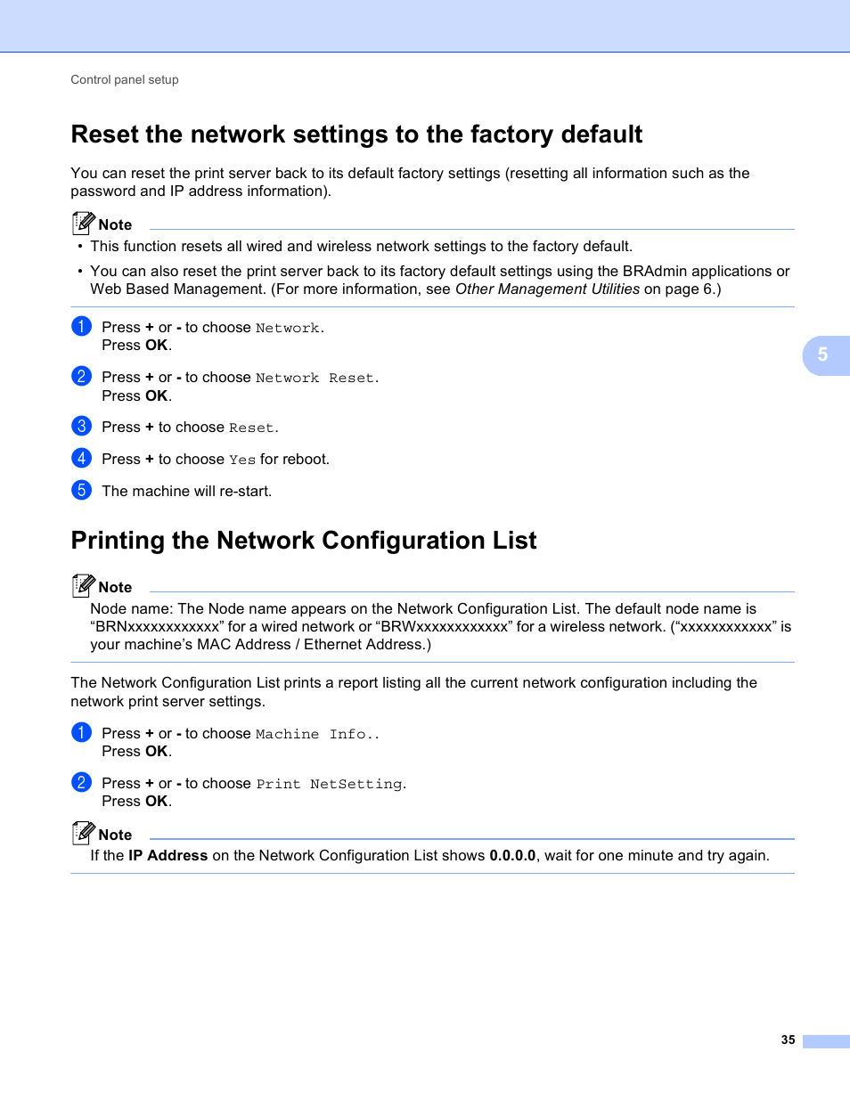 Reset the network settings to the factory default, Printing the network configuration list | Brother HL 4570CDWT User Manual | Page 40 / 114
