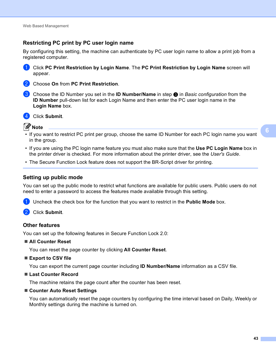 Restricting pc print by pc user login name, Setting up public mode, Other features | Brother HL 4570CDWT User Manual | Page 48 / 114