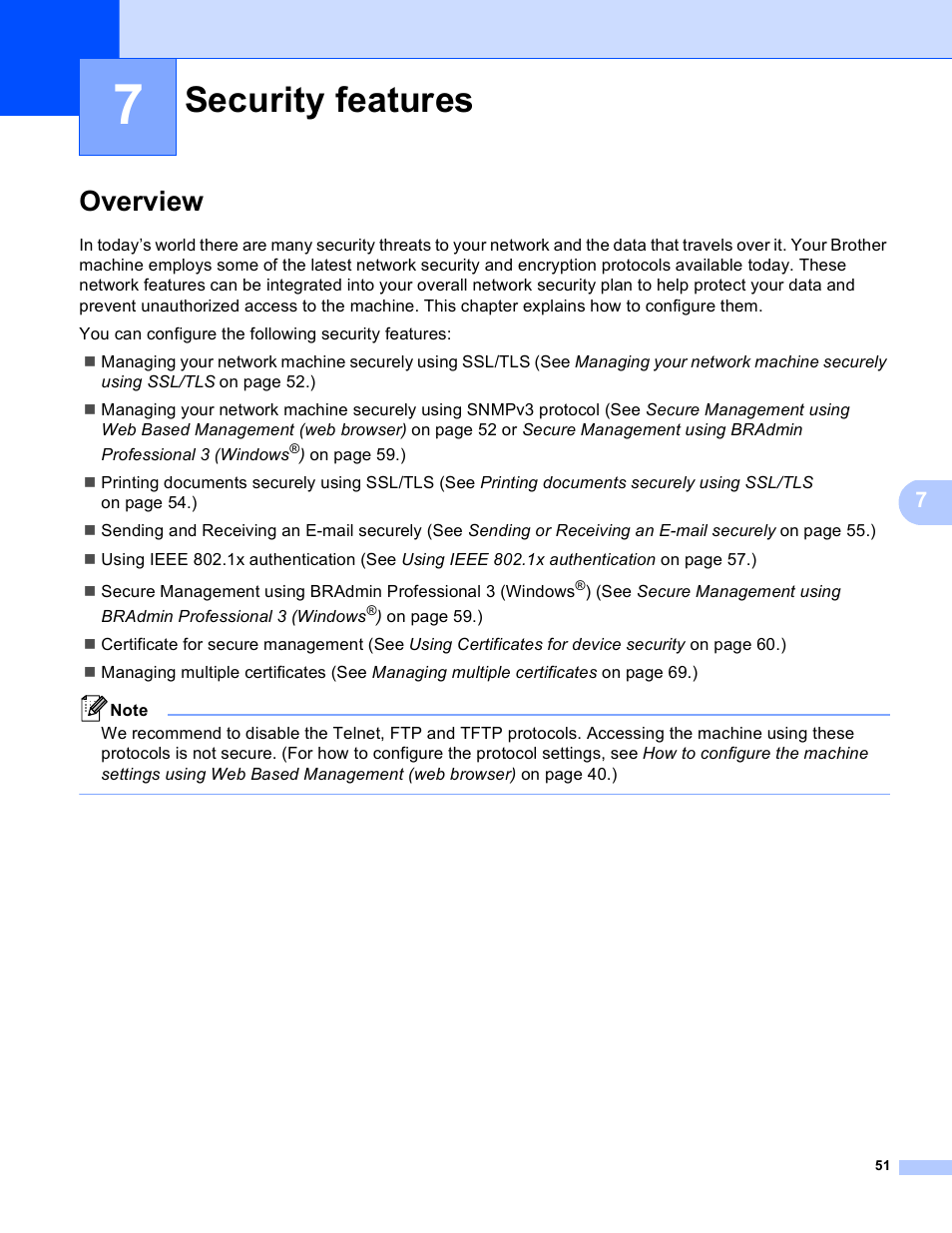 7 security features, Overview, Security features | Brother HL 4570CDWT User Manual | Page 56 / 114