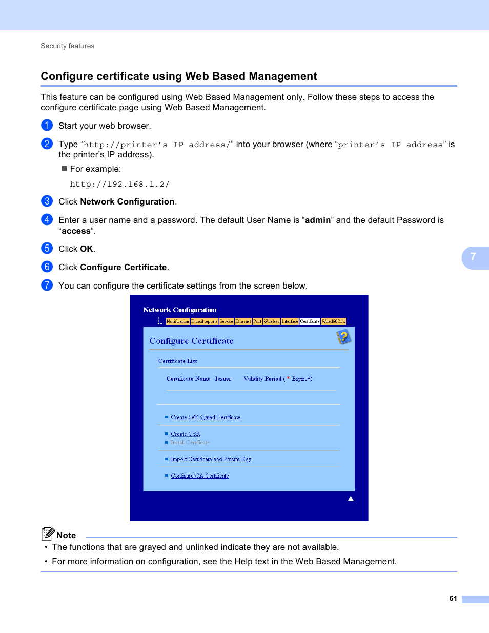 Configure certificate using web based management, 7configure certificate using web based management | Brother HL 4570CDWT User Manual | Page 66 / 114