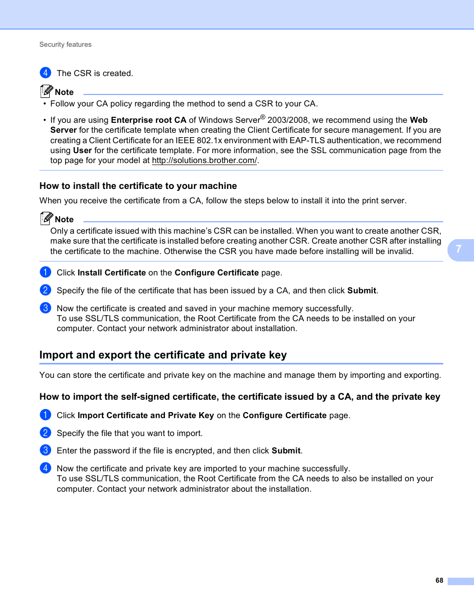 How to install the certificate to your machine, Import and export the certificate and private key | Brother HL 4570CDWT User Manual | Page 73 / 114