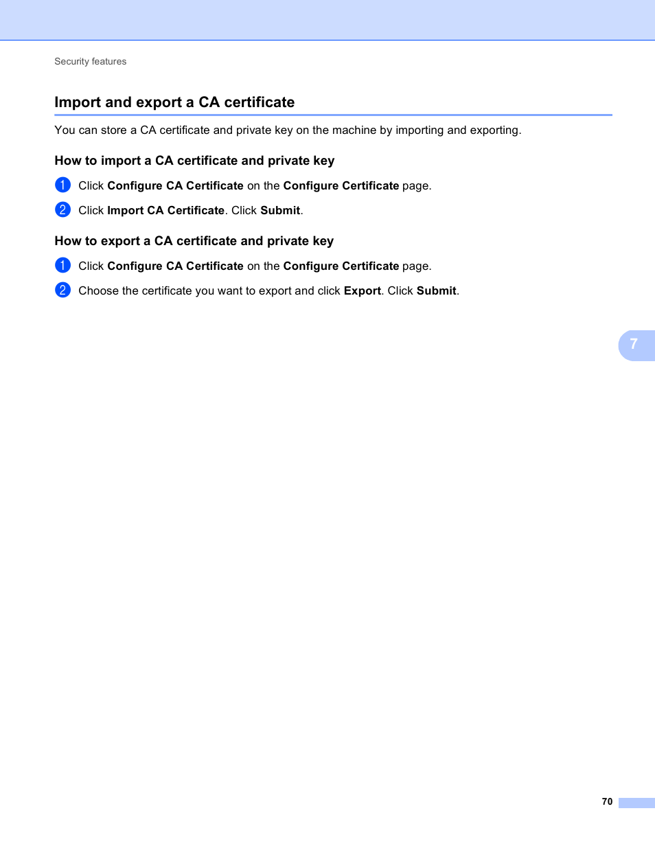 Import and export a ca certificate, How to import a ca certificate and private key, How to export a ca certificate and private key | 7import and export a ca certificate | Brother HL 4570CDWT User Manual | Page 75 / 114