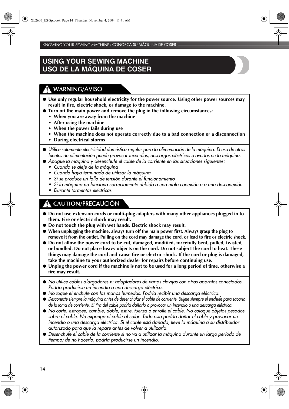 Warning/ aviso, Caution/ precaución | Brother XL 2600i User Manual | Page 15 / 82