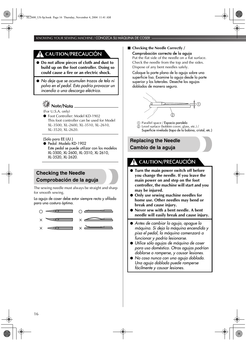 Checking the needle comprobación de la aguja, Replacing the needle cambio de la aguja, Caution/ precaución | Brother XL 2600i User Manual | Page 17 / 82