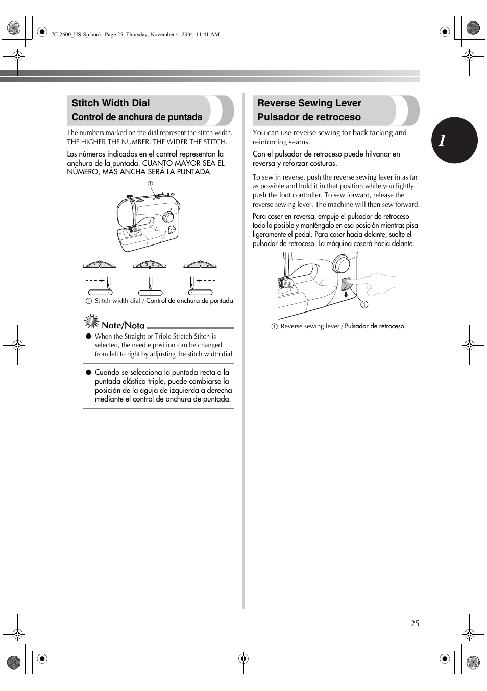 Stitch width dial control de anchura de puntada, Reverse sewing lever pulsador de retroceso | Brother XL 2600i User Manual | Page 26 / 82